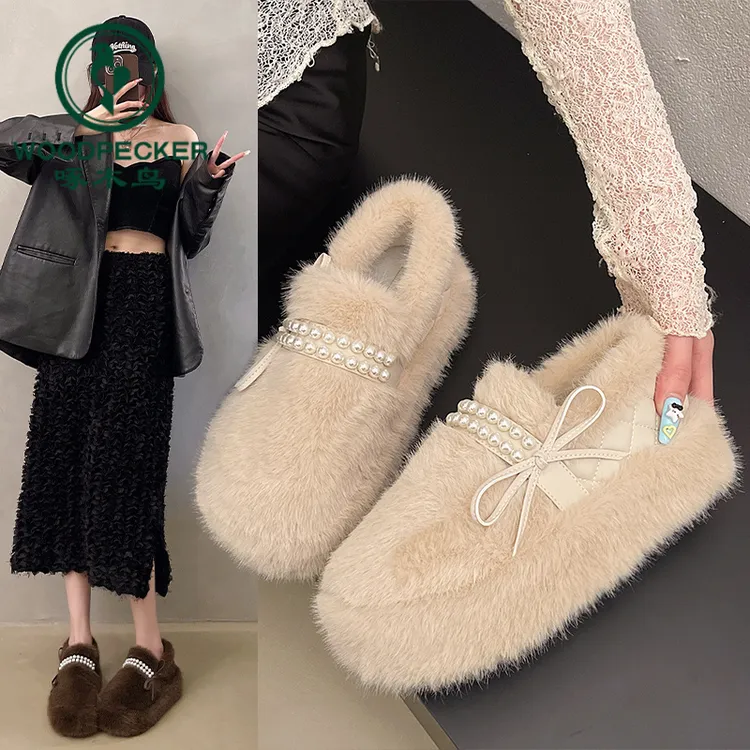 啄木鸟厚底毛毛鞋女外穿2025秋冬新款加绒增高珍珠一脚蹬豆豆棉鞋