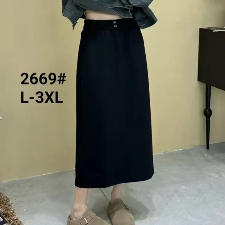 2669显瘦遮胯高腰A字中长款开叉纯色黑色半身裙女秋冬款