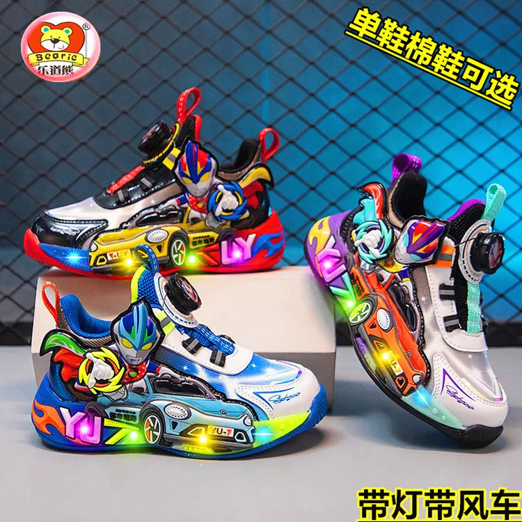 乐道熊童鞋男童秋冬皮面加绒保暖棉鞋轻便防水单鞋超人运动鞋网面