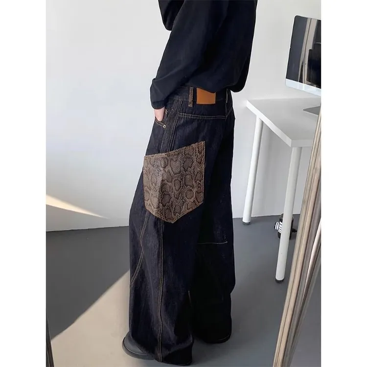 美式蛇年限定蛇皮纹弯刀牛仔裤男cleanfit裤子宽松直筒微喇阔腿裤