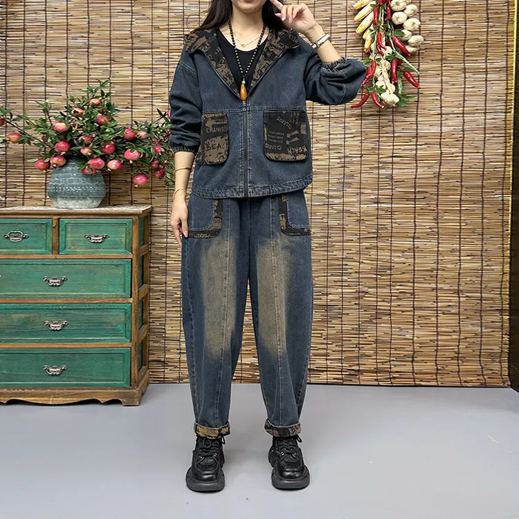 时尚春秋中老年服饰套装百搭大码显瘦牛仔休闲复古宽松洋气拼接