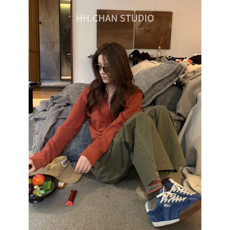 HH.CHAN“番茄帽衫”进口定制棉番茄红显瘦连帽开衫卫衣HH53H38852