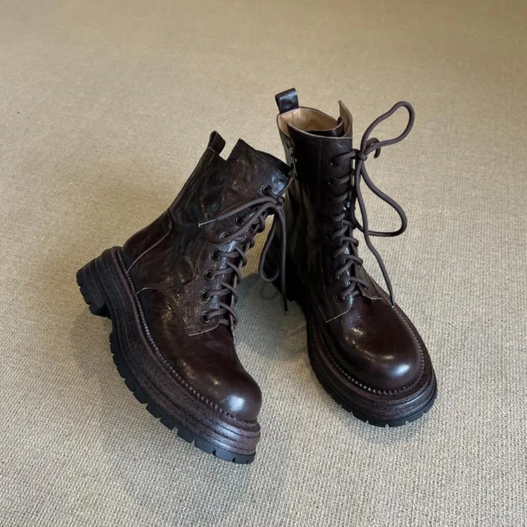 羊皮版~系带马丁靴英伦风新款复古侧拉链圆头秋冬机车厚底短靴女