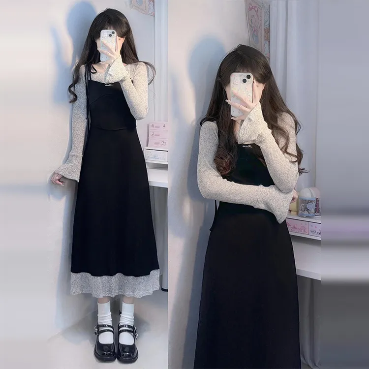 2025早秋新款大码女装拼接连衣裙胖妹妹气质显瘦遮肚子假两件裙子