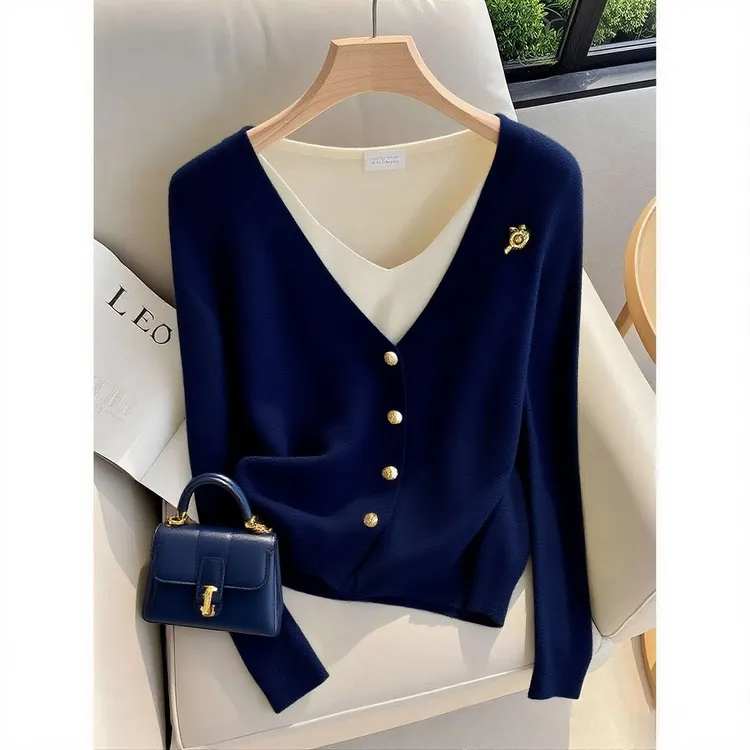 韩系轻熟设计感假两件长袖上衣秋冬季小众气质百搭拼色宽松针织衫