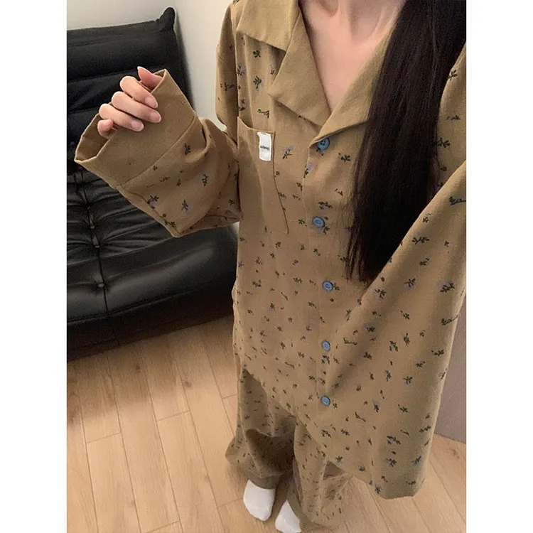 韩系甜美碎花开衫睡衣女春秋新款长袖长裤家居服休闲宽松大码套装