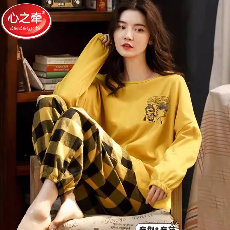 新品100%纯棉睡衣女秋季新款长袖春秋款学生全棉可外穿家居服套装