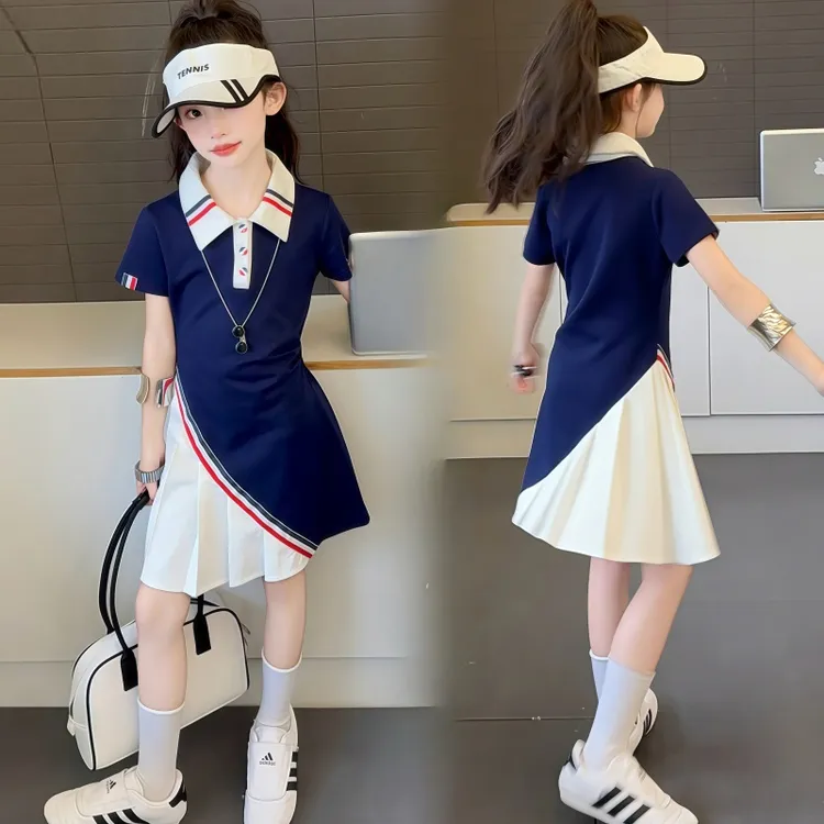 女童夏季翻领连衣裙2025新款儿童韩系运动风时尚洋气POLO领休闲裙
