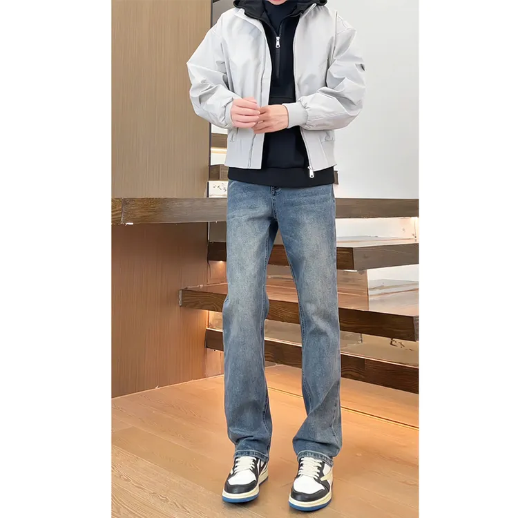 秋季水洗蓝牛仔裤男高级感复古微宽松窄版弹力直筒裤百搭休闲长裤