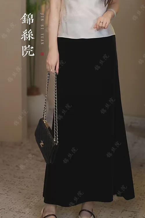 锦丝院【真丝丝绒半裙】松紧腰轻奢秋款中式高级鱼尾裙BSQX67183052