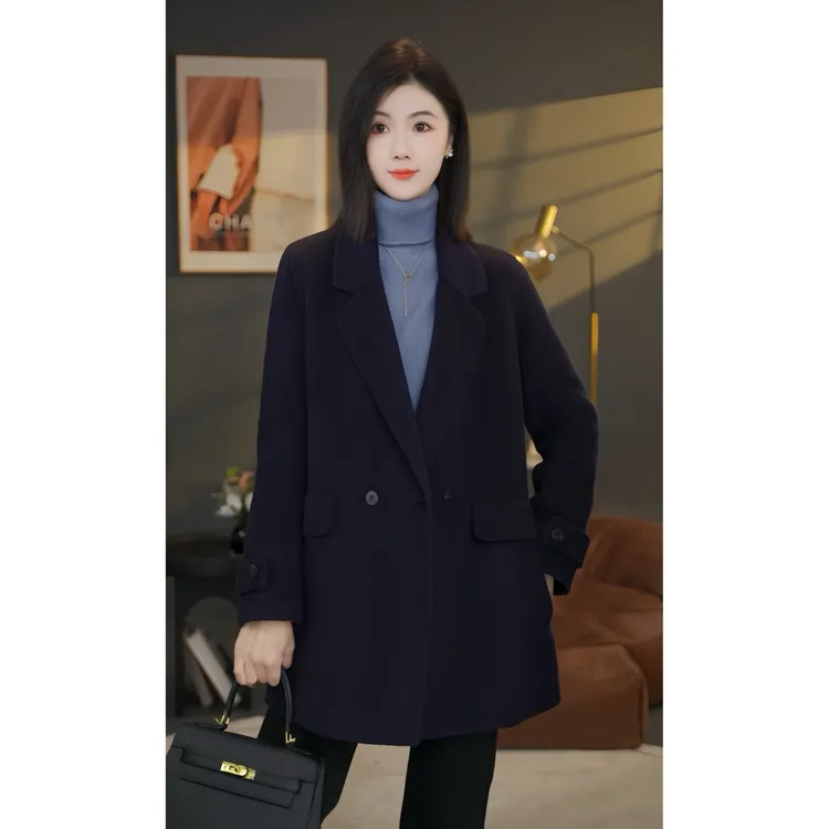 【小北甄选】8584038A深墨蓝秋冬新款琥珀流光高端百搭双面羊绒大衣