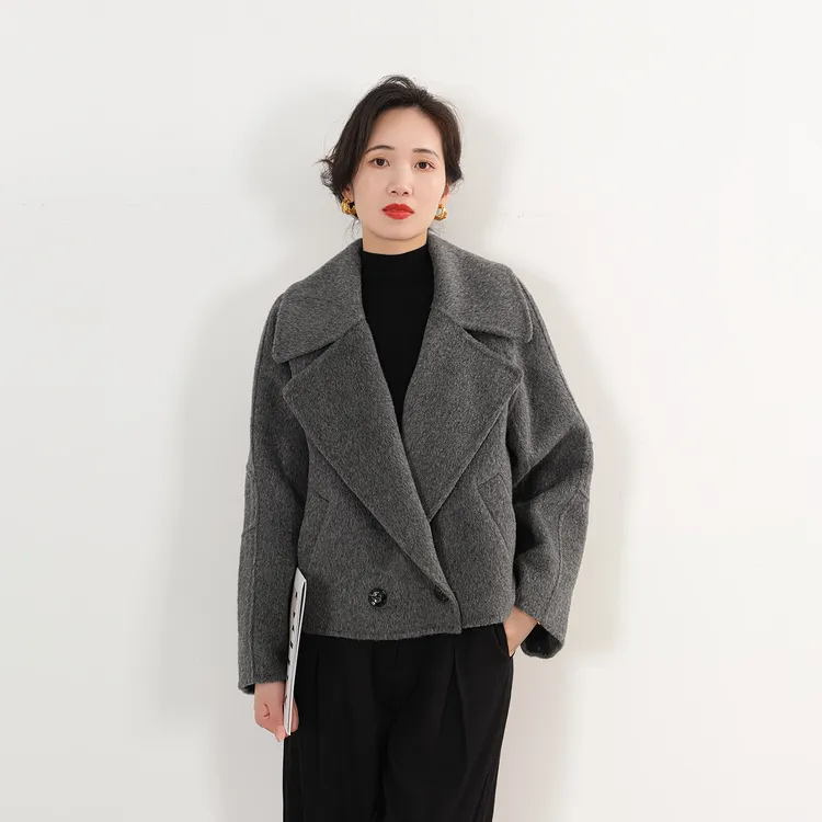 EKNR100%羊毛双面呢大衣2025秋冬双排扣西装领加厚休闲短外套女