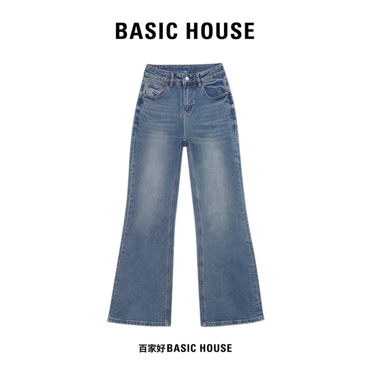 Basic House/百家好辣妹风直筒裤女休闲风常规牛仔裤蓝色高腰微喇