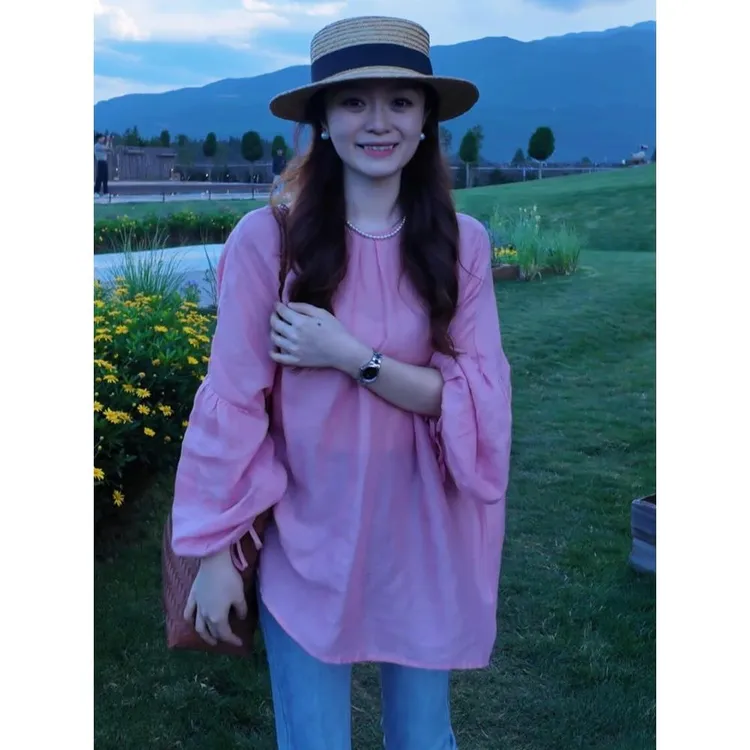 韩系高级感别致上衣气质宽松慵懒风设计感显瘦大码粉色灯笼袖衬衫