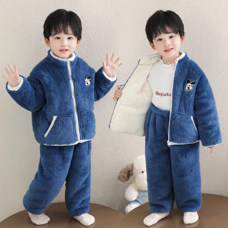 儿童睡衣冬季男童珊瑚绒套装男孩加绒加厚羊羔毛宝宝保暖家居棉服