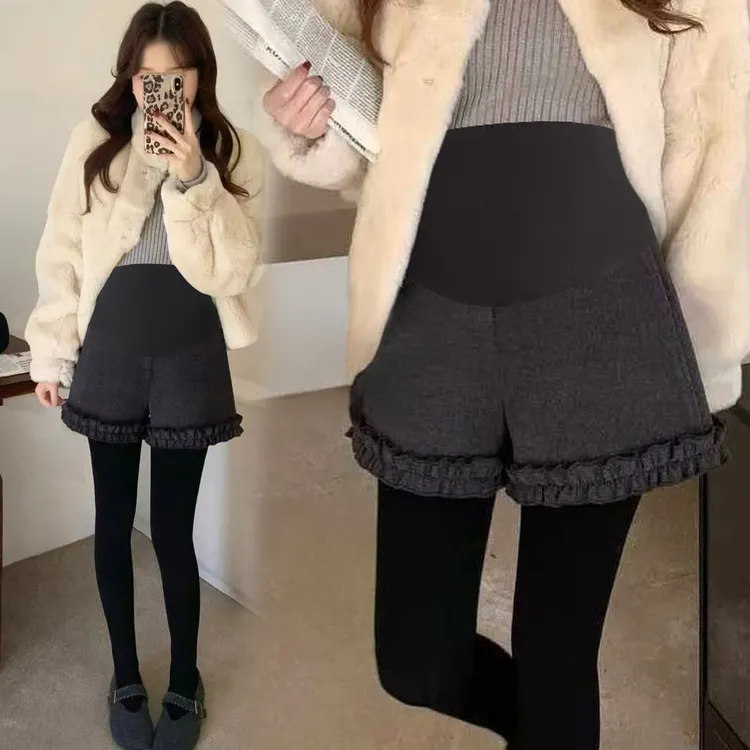 孕妇短裤加厚孕妇装秋冬新款休闲阔腿设计感木耳边托腹外穿裤子女