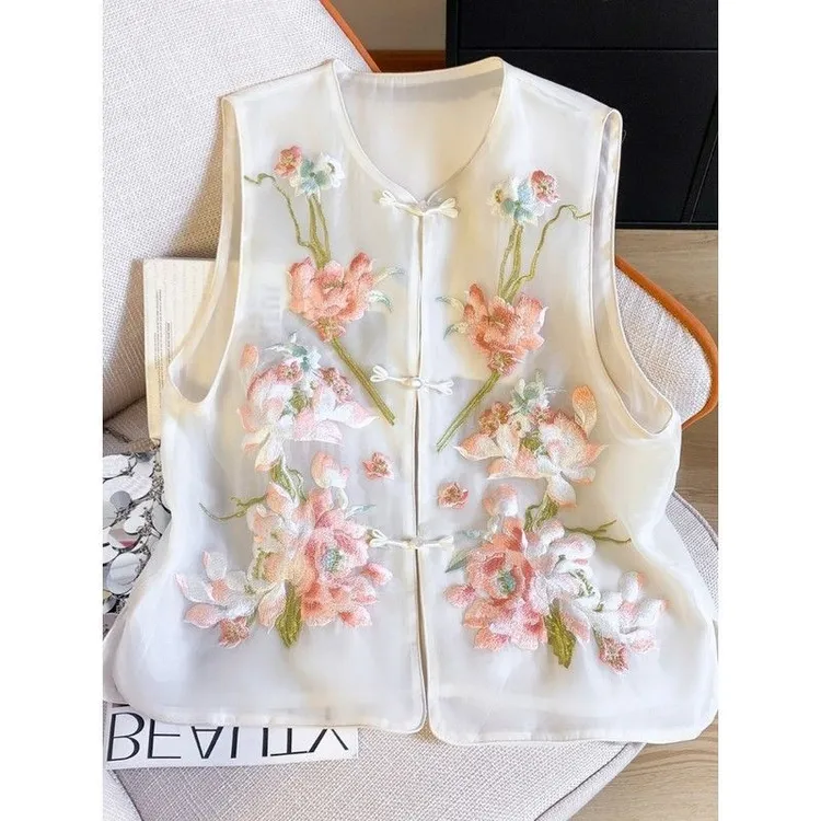 新中式国风夏季刺绣马甲背心女高级感小众立领盘扣无袖坎肩上衣