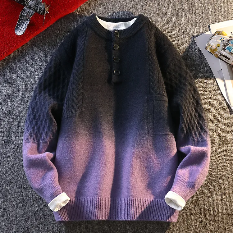 2025秋冬新款加厚毛衣男港风宽松青年学生时尚休闲渐变撞色针织衫