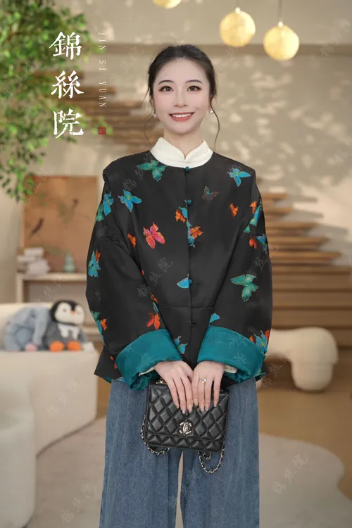 锦丝院【如歌】90白鹅绒真丝桑蚕丝新中式国风双面穿保暖羽绒服