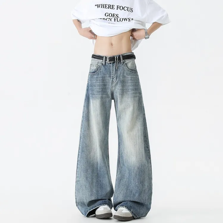 美式高街潮牌牛仔裤潮流宽松休闲裤直筒水洗秋季百搭猫抓磨白裤子