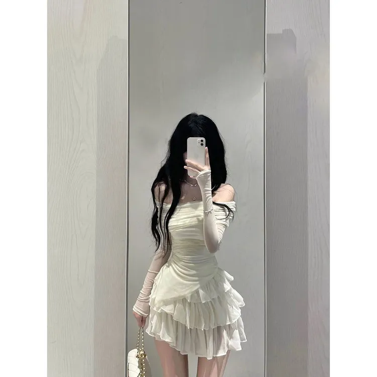 pinkmoon||防晒夏季新款露肩修身长袖上衣+蛋糕半身裙套装女