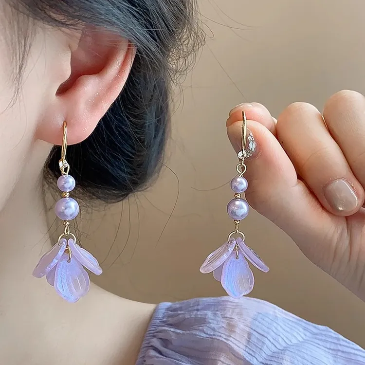紫色花朵仿珍珠流苏耳钩耳钉耳坠精致耳饰小众高级感新款耳环1540