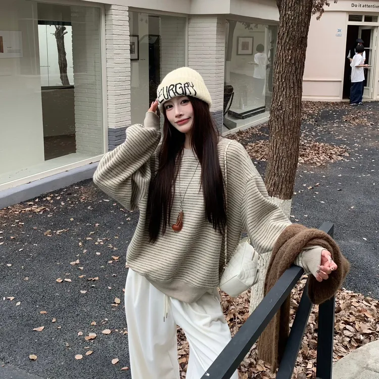 3MER 韩系慵懒圆领条纹长袖卫衣女秋美式复古宽松休闲上衣