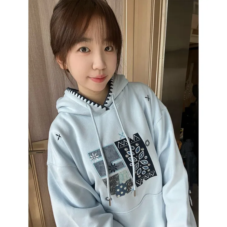 美式复古蓝色刺绣加绒连帽卫衣女秋冬加绒加厚宽松慵懒风小众外套