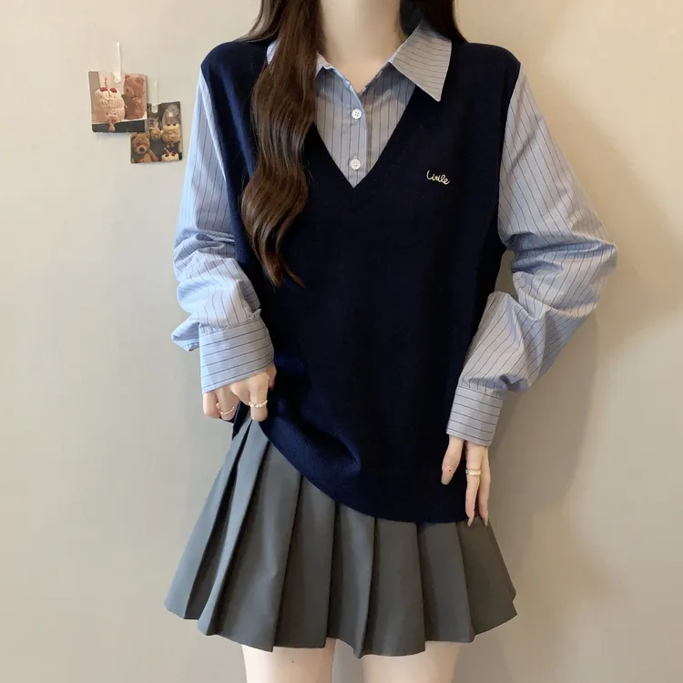 大码春秋设计感假两件拼接翻领长袖针织衫显瘦胖mm减龄学院风上衣