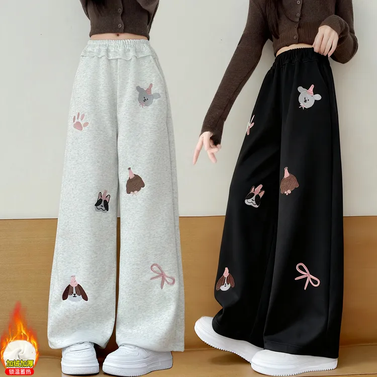 女童裤子2025新款女大童初中生女孩秋冬加厚一体绒保暖直筒阔腿裤