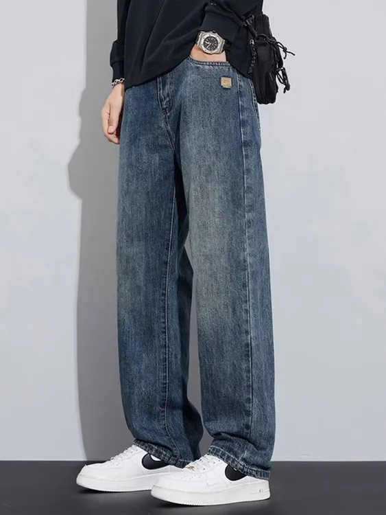 美式复古牛仔裤男士秋冬加绒美式复古高街水洗休闲宽松直筒长裤子
