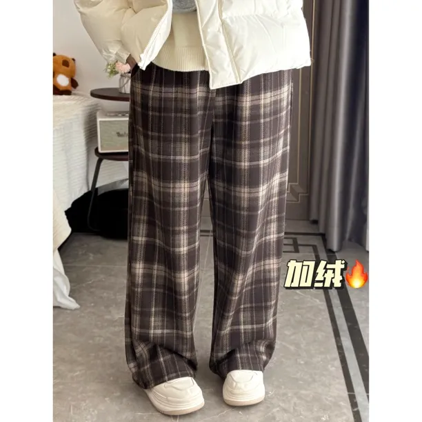 大阿娇 加绒格子裤高腰深裆大码百搭微窄版直筒裤老钱风休闲裤