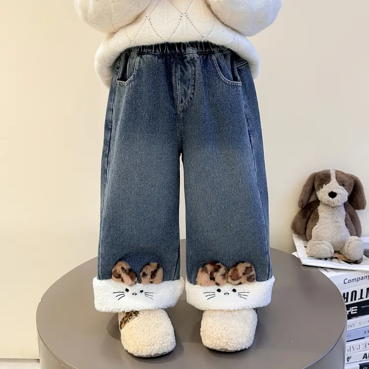 新疆西藏包邮女童一体绒牛仔裤秋冬2025新款儿童洋气时髦裤子宝宝