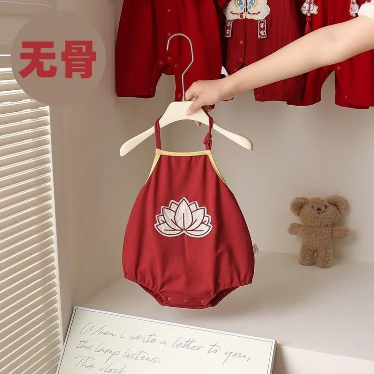 婴儿包屁衣夏季哪吒肚兜薄款吊带三角爬百天宝宝喜庆礼服夏装哈衣