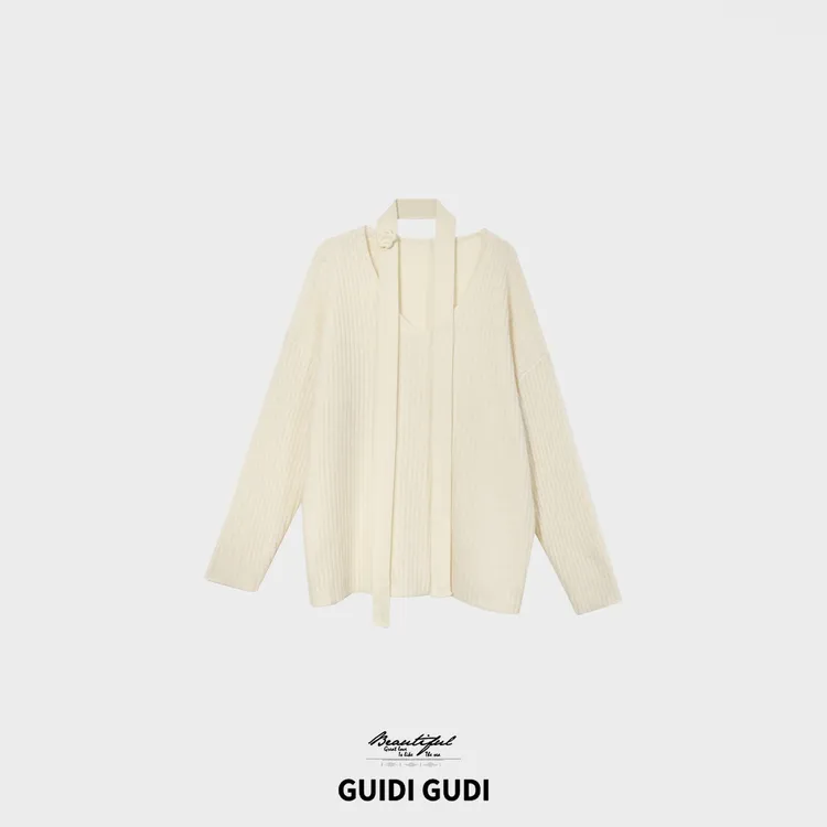 GUIDI GUDI【温柔假日】韩系温柔V领飘带宽松毛衣/黄加蓝