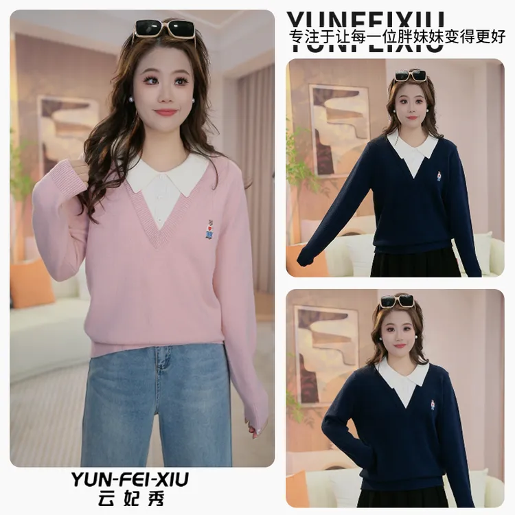 云妃秀大码女装针织衫时尚微胖宽松显瘦POLO领假两件秋季22773