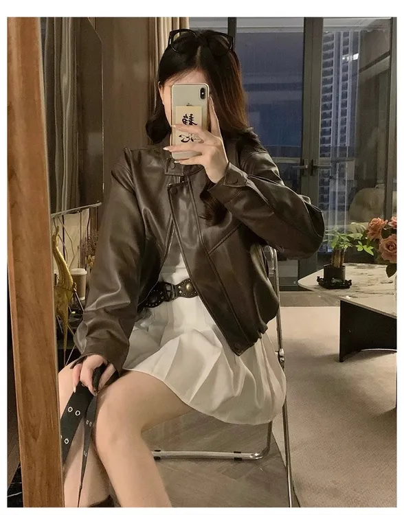 秋季新款（兜财皮衣外套）时尚复古圆领皮夹克女装百搭短款机车服女