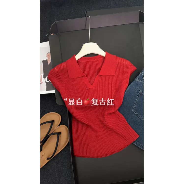 2025夏季新款时尚百搭翻领无袖针织衫简约纯色气质显瘦修身上衣