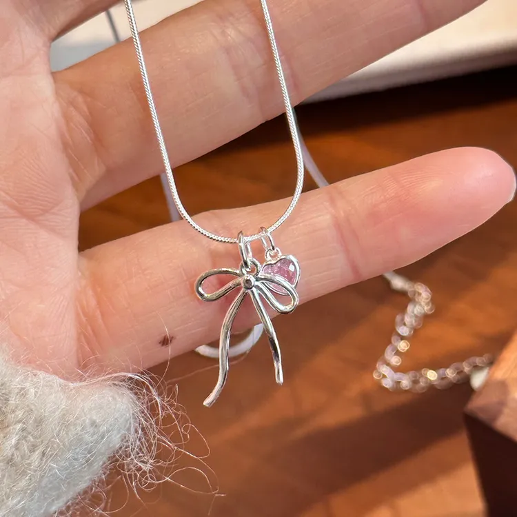 坠链均925银 925纯银蝴蝶结粉色爱心项链女简约经典元素百搭