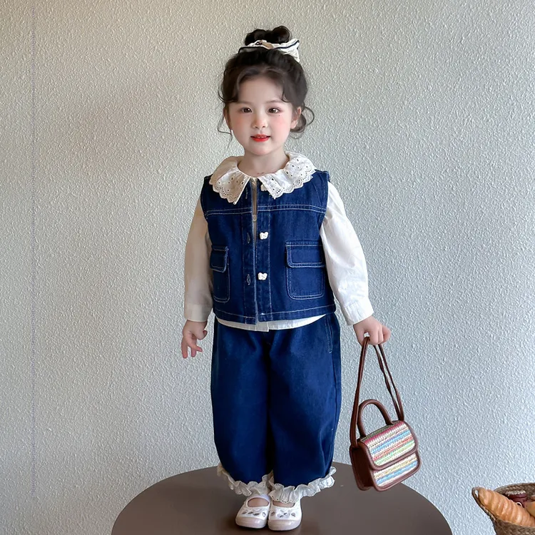 女童春季牛仔套装2025新款女宝宝时髦洋气花边打底衫春装三件套潮