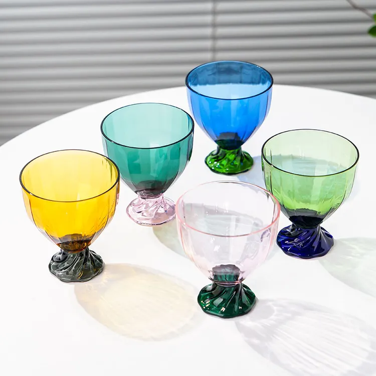 原创手工原彩高硼硅高脚款撞色底玻璃杯酒水杯茶水杯ins风