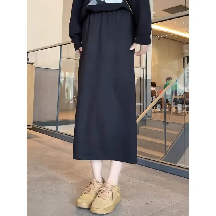 宽松黑色开叉半身裙女2025秋季新款高腰显瘦垂感a字中长裙子百搭