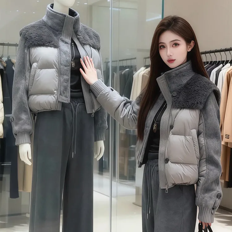2025新款爆款时尚百搭设计感立领拼接外套女装冬季手塞保暖衣