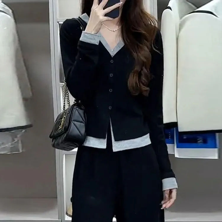 GiftPalm秋季开衫假两件长袖T恤女韩版修身内搭外穿短款打底衫潮