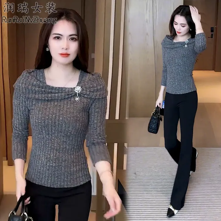 轻熟风时尚套装女2025秋季新款通勤不规则长袖打底衫微喇裤两件套