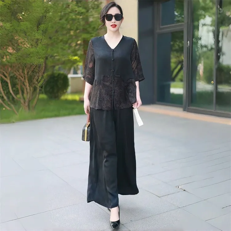 气质高端夏季中年妈妈洋气拼接蕾丝上衣时尚宽松阔腿裤两件套装女