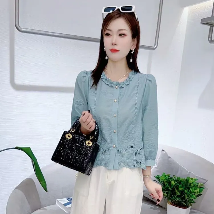 100%纯棉时尚衬衫秋季新款显瘦设计感小众七分袖上衣百搭衬衣女