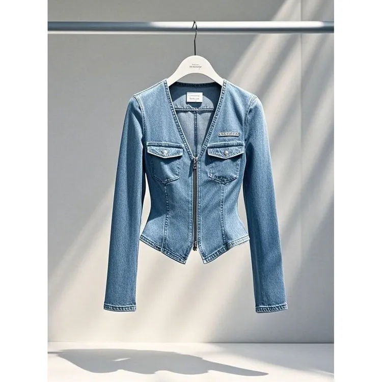 2025超火设计感小众上衣高级感减龄蓝色v领掐腰牛仔拉链衬衫女春