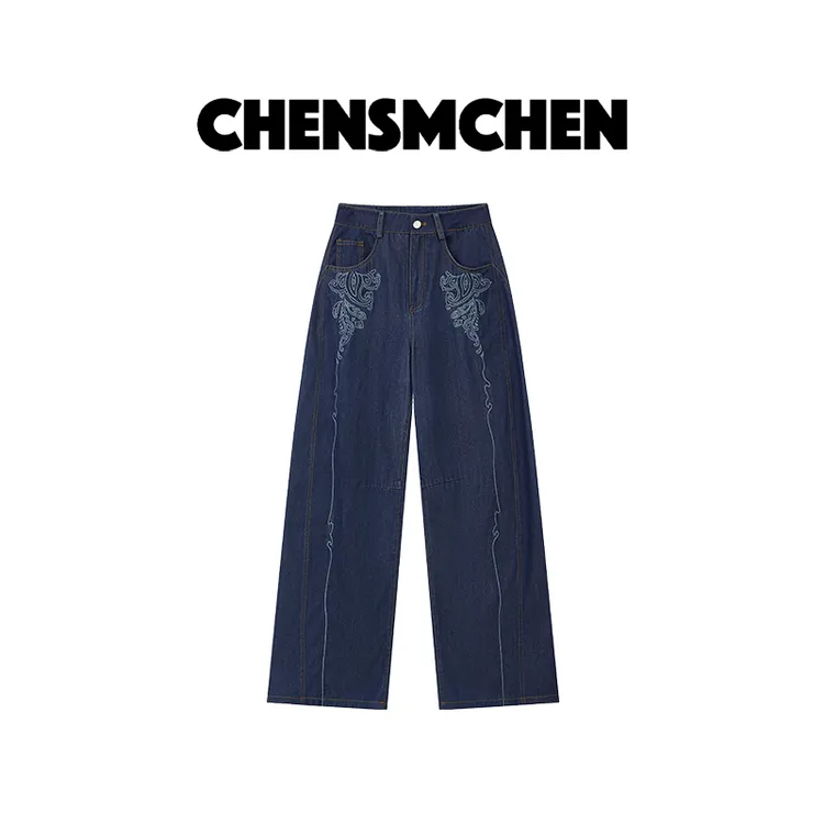 CHENSMCHEN 复古休闲简约刺绣牛仔裤女百搭显瘦直筒裤CSK6661YW
