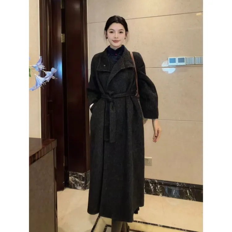 球球夫人丨炭灰大衣）125cm秋冬加厚长款大衣女复古宽松毛呢大衣